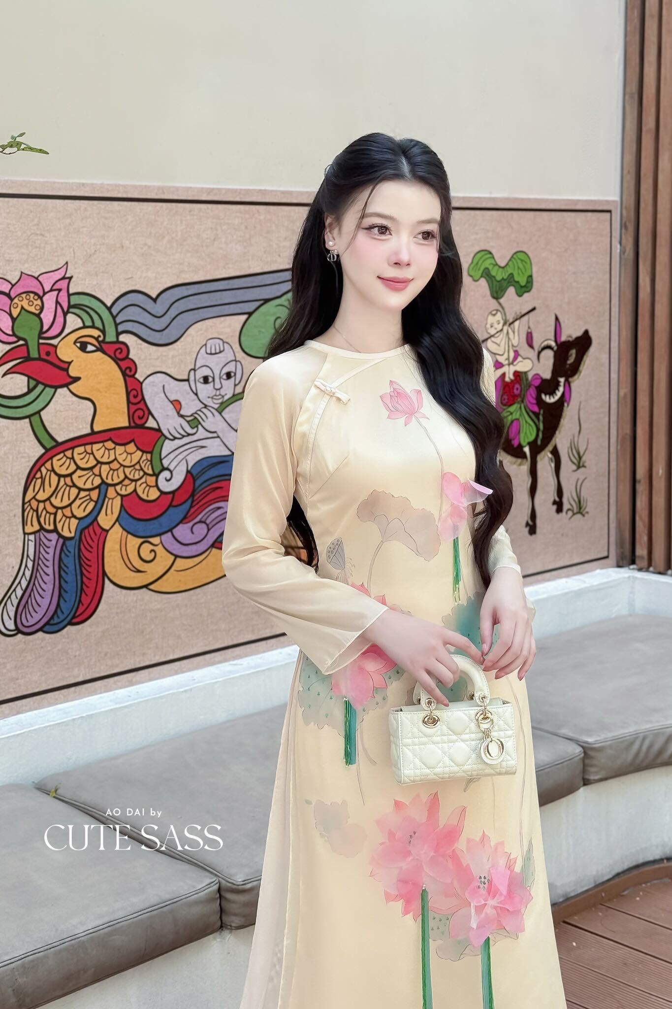 Nhu Mai - Light Yellow Printed Lotus Ao Dai Top Only, No Pants 8B