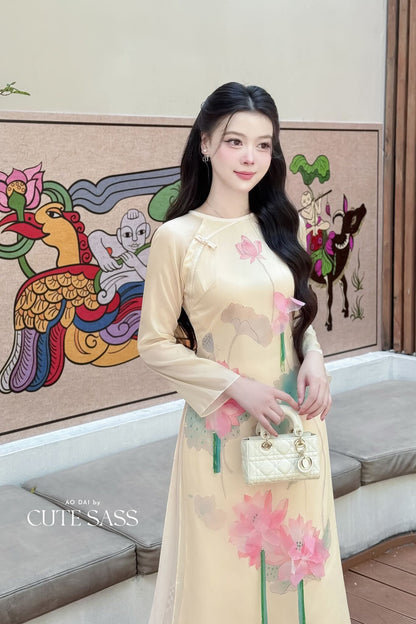 Nhu Mai - Light Yellow Printed Lotus Ao Dai Top Only, No Pants 14E