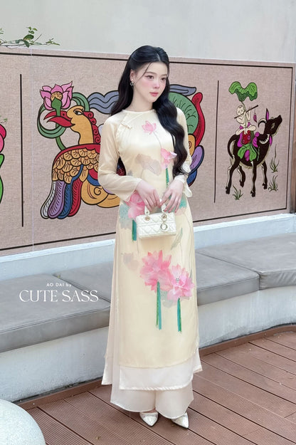 Nhu Mai - Light Yellow Printed Lotus Ao Dai Top Only, No Pants 14E