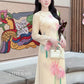 Nhu Mai - Light Yellow Printed Lotus Ao Dai Top Only, No Pants 8B
