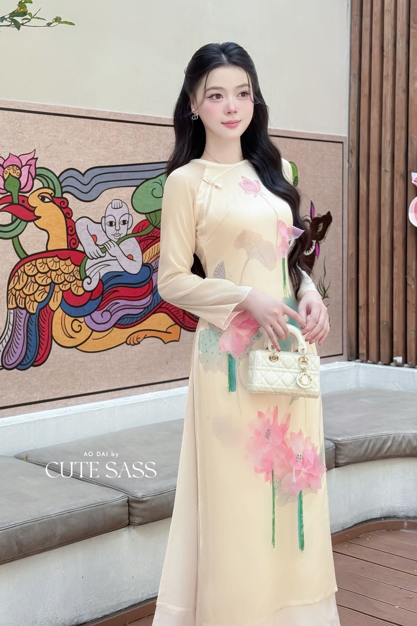 Nhu Mai - Light Yellow Printed Lotus Ao Dai Top Only, No Pants 8B