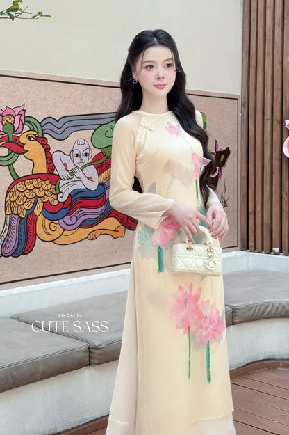 Nhu Mai - Light Yellow Printed Lotus Ao Dai Top Only, No Pants 14E