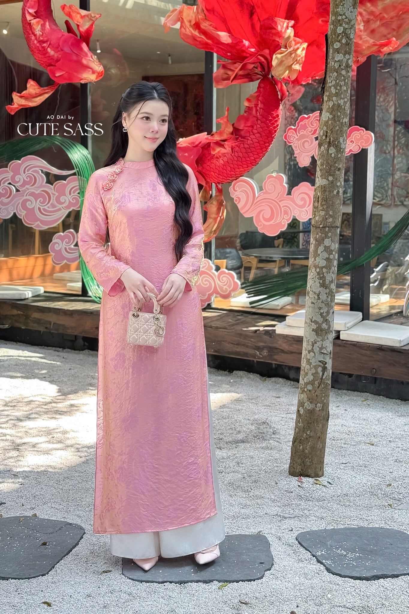 Nhu Mai - Pink Shimmery Chiffon Ao Dai Set 49E