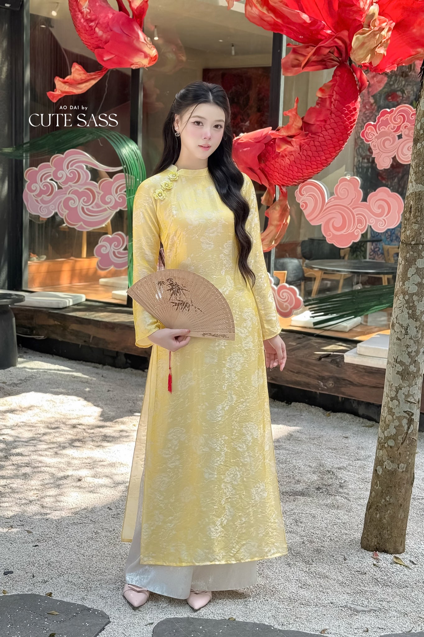 Nhu Mai - Yellow Shimmery Chiffon Ao Dai Set - 57E