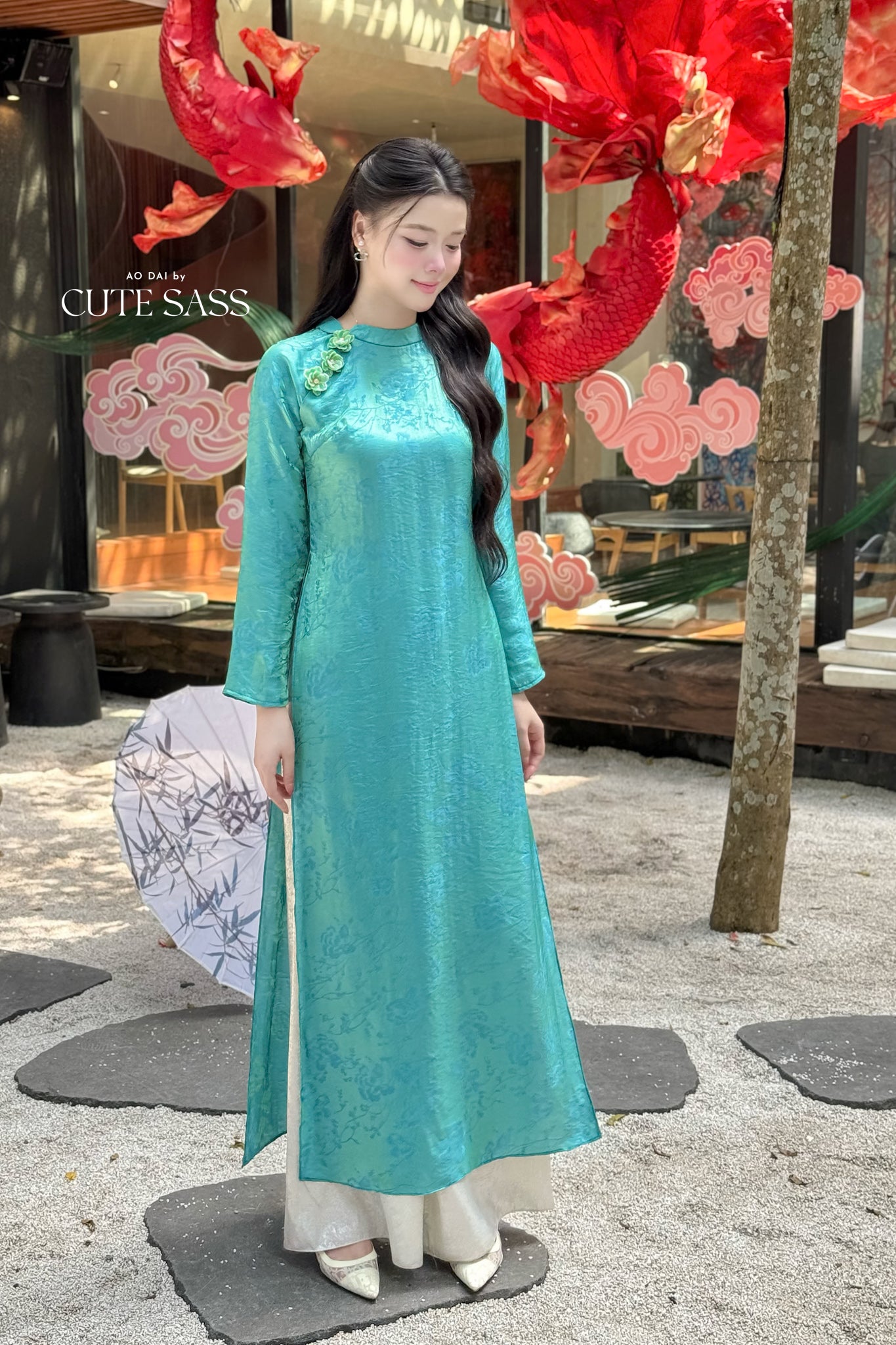 Nhu Mai - Turquoise/Green Shimmery Chiffon Ao Dai Set 50E