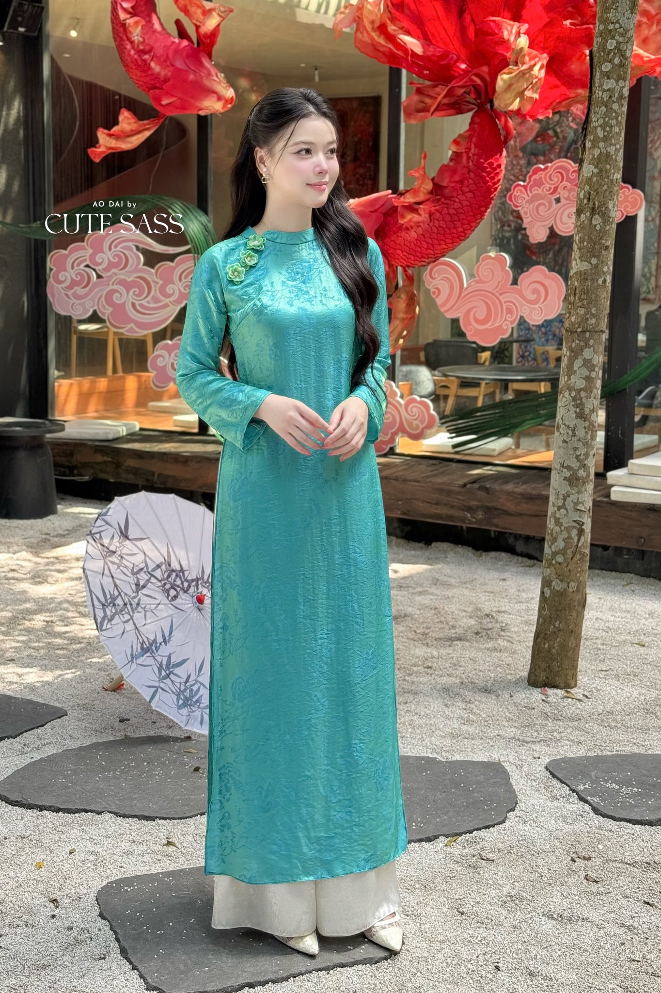 Nhu Mai - Turquoise/Green Shimmery Chiffon Ao Dai Set 50E
