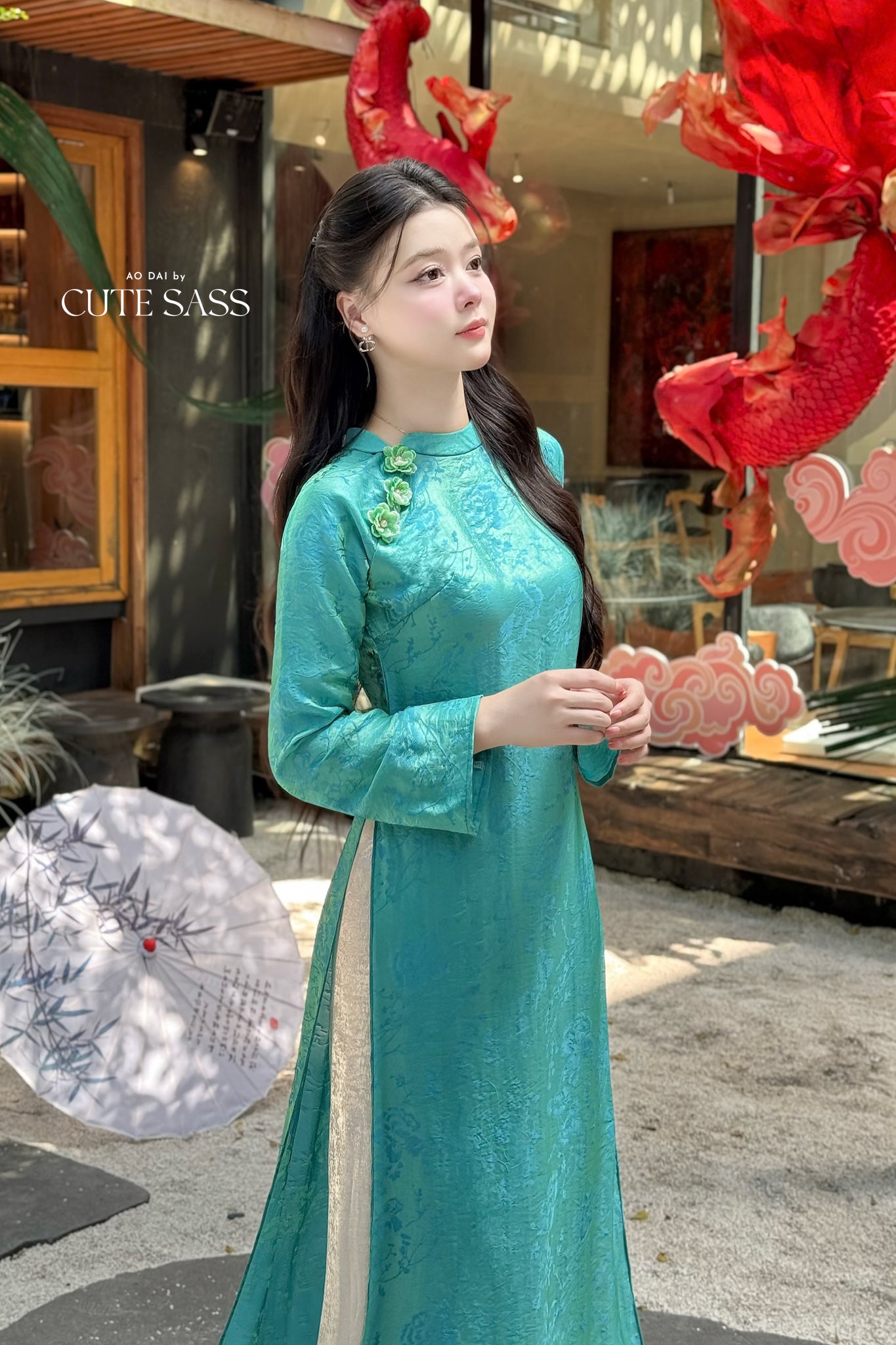 Nhu Mai - Turquoise/Green Shimmery Chiffon Ao Dai Set 50E
