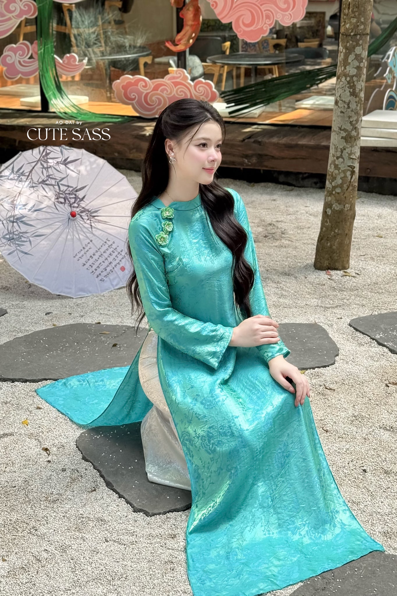 Nhu Mai - Turquoise/Green Shimmery Chiffon Ao Dai Set 50E