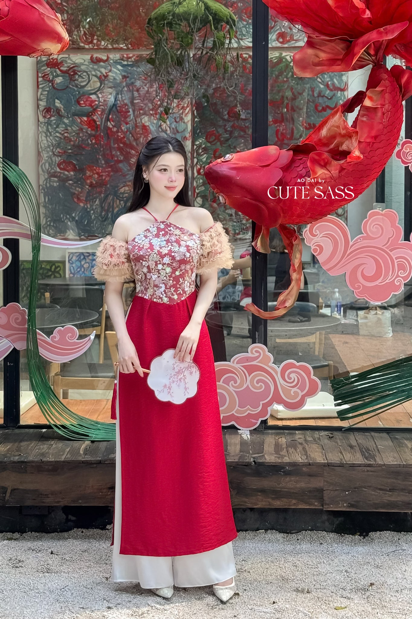 Nhu Mai - Red Halter Off Shoulder Ruffle Ao Dai Top Only, NO PANTS 22A