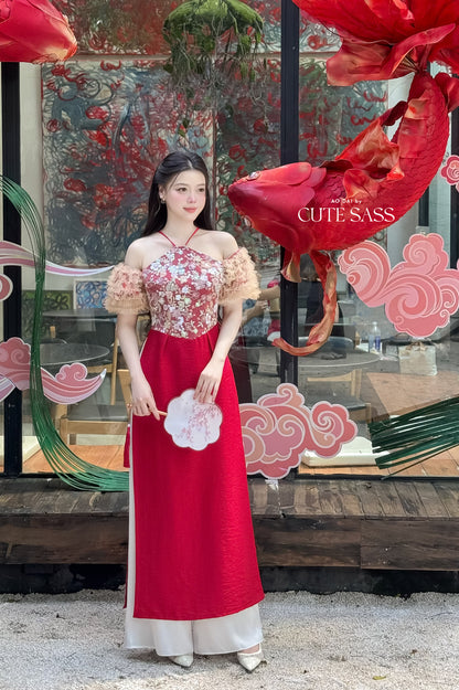 Nhu Mai - Red Halter Off Shoulder Ruffle Ao Dai Top Only, NO PANTS 24D