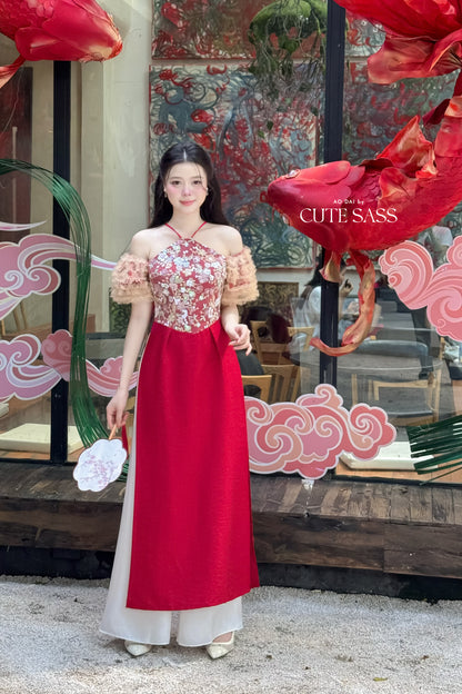 Nhu Mai - Red Halter Off Shoulder Ruffle Ao Dai Top Only, NO PANTS 24D