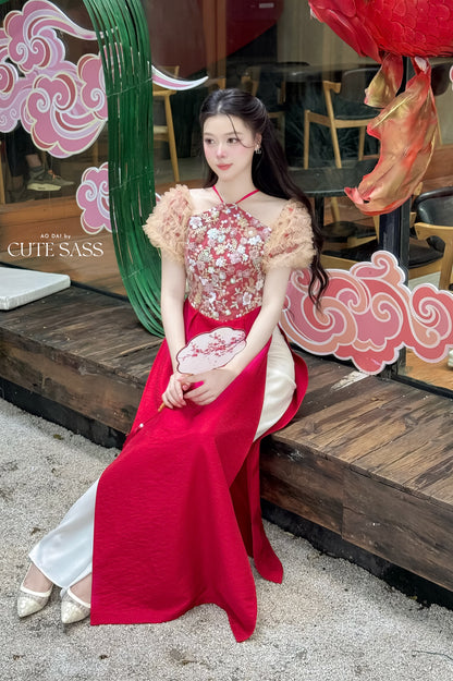 Nhu Mai - Red Halter Off Shoulder Ruffle Ao Dai Top Only, NO PANTS 24D
