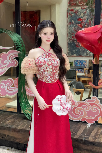 Nhu Mai - Red Halter Off Shoulder Ruffle Ao Dai Top Only, NO PANTS 24D