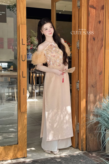 Nhu Mai - Beige Halter Off Shoulder Ruffle Dai Top Only, NO PANTS 33B