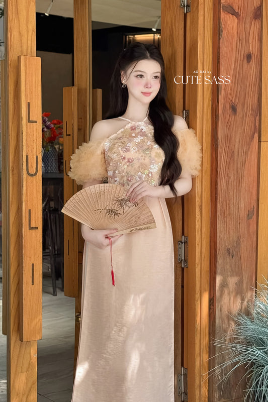 Nhu Mai - Beige Halter Off Shoulder Ruffle Dai Top Only, NO PANTS 33B