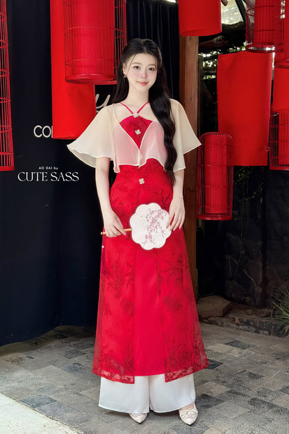 Nhu Mai - Red Halter Front Slit with Cape Ao Dai Top Only, NO PANTS, 31B