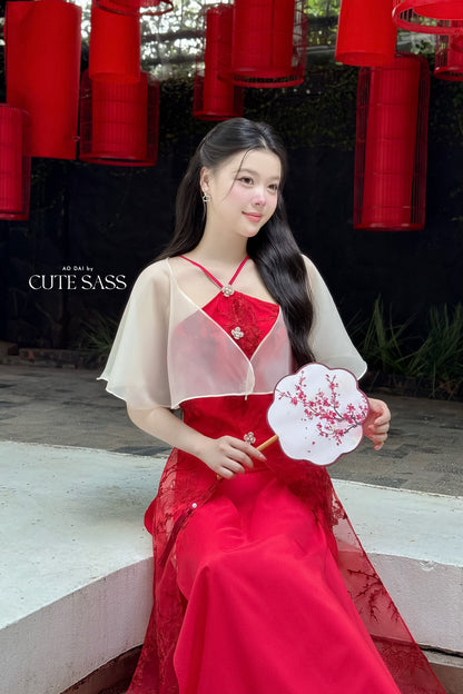 Nhu Mai - Red Halter Front Slit with Cape Ao Dai Top Only, NO PANTS, 31B