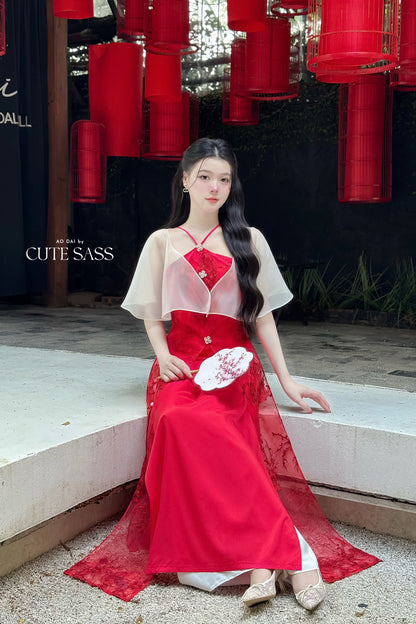 Nhu Mai - Red Halter Front Slit with Cape Ao Dai Top Only, NO PANTS, 31B