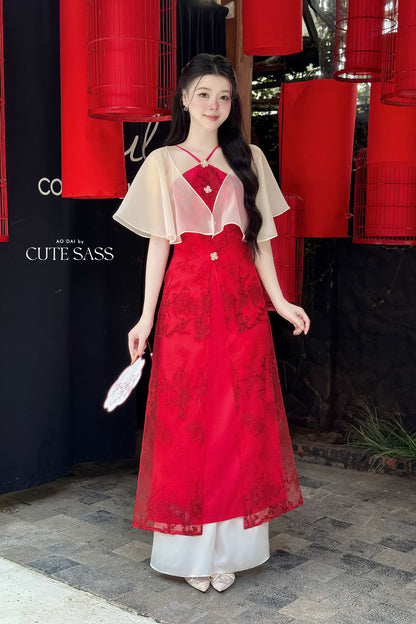 Nhu Mai - Red Halter Front Slit with Cape Ao Dai Top Only, NO PANTS, 31B