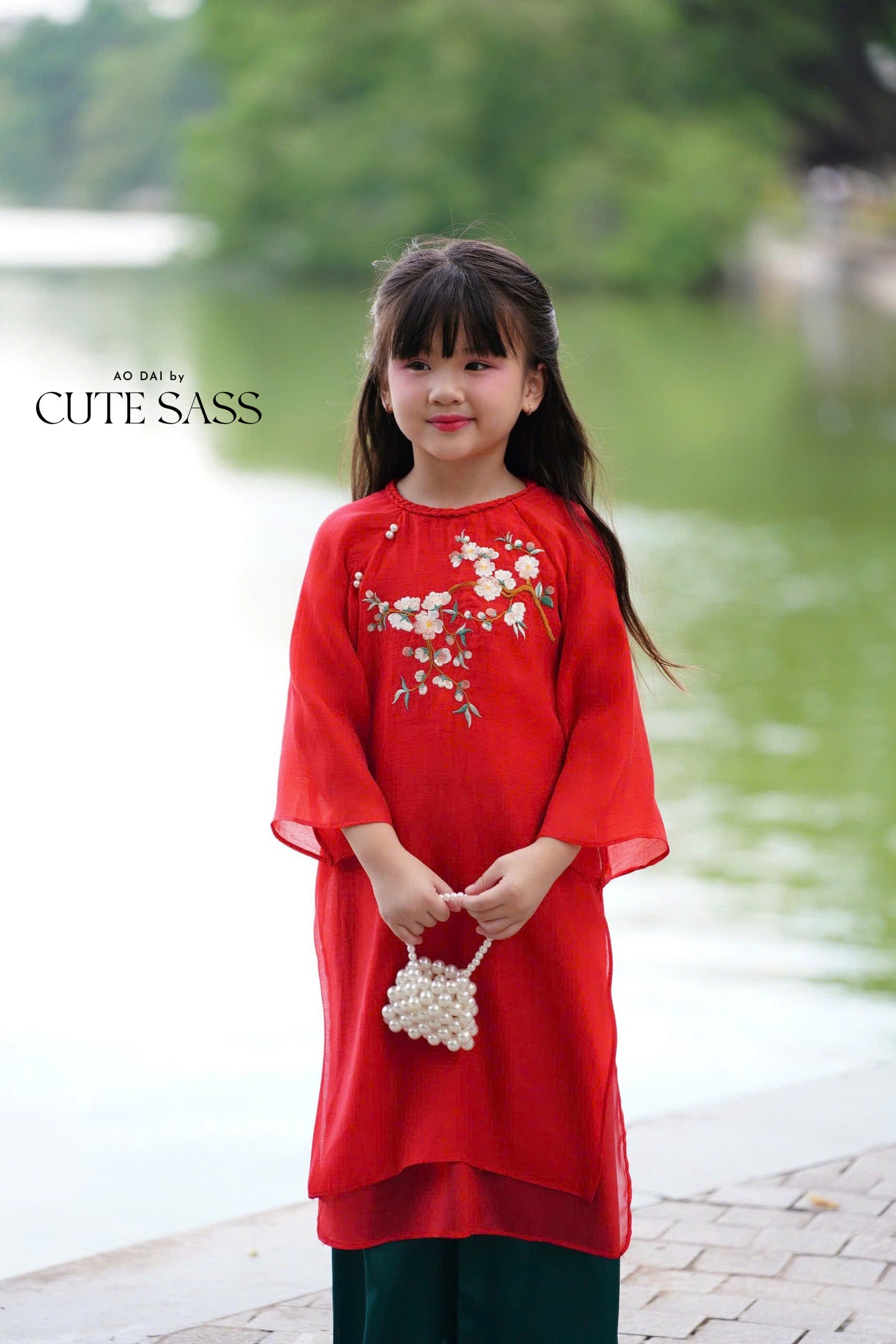 Mom and Daughter Red Braided Round Collar Embroidery Branches Ao Dai Set 2C