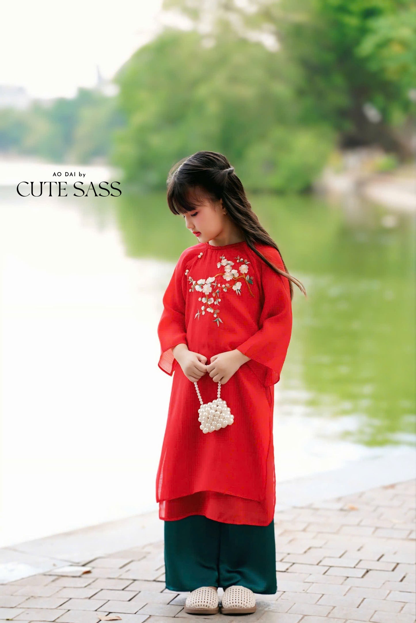 Mom and Daughter Red Braided Round Collar Embroidery Branches Ao Dai Set 2C