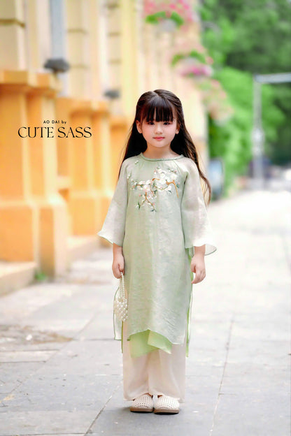 Mom and Daughter Light Green Braided Round Collar Embroidery Branches Ao Dai Set 30B
