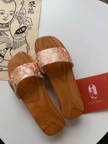 Wooden Silk Heel Slippers | Ao Dai Accessory