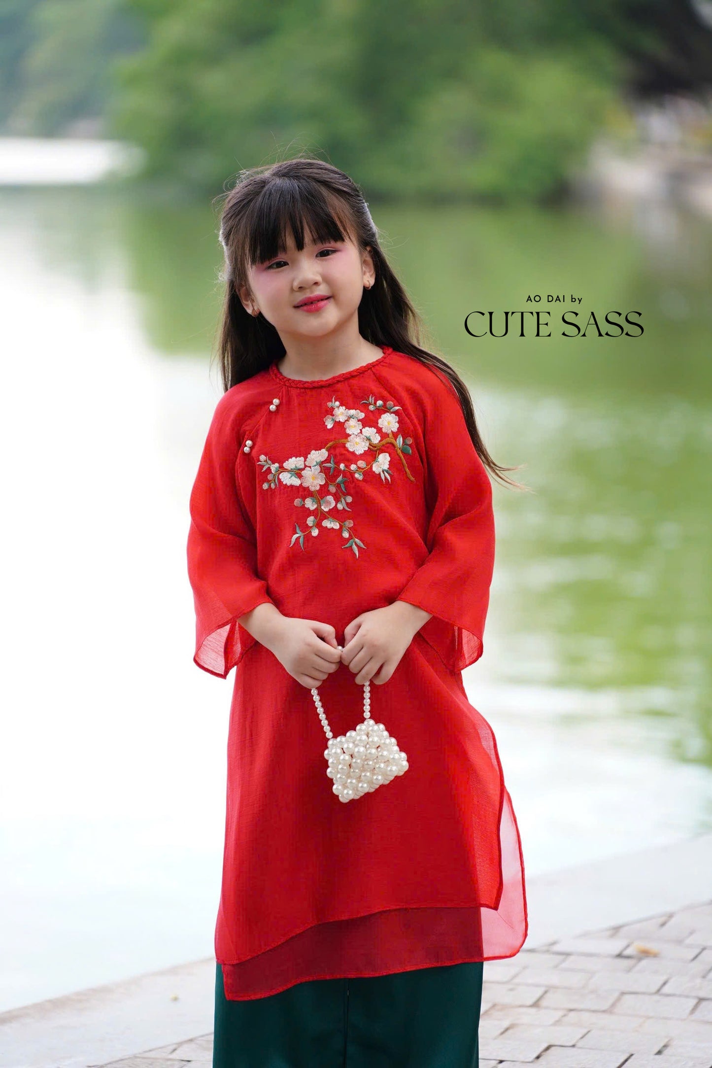 Mom and Daughter Red Braided Round Collar Embroidery Branches Ao Dai Set 2C