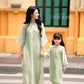 Mom and Daughter Light Green Braided Round Collar Embroidery Branches Ao Dai Set