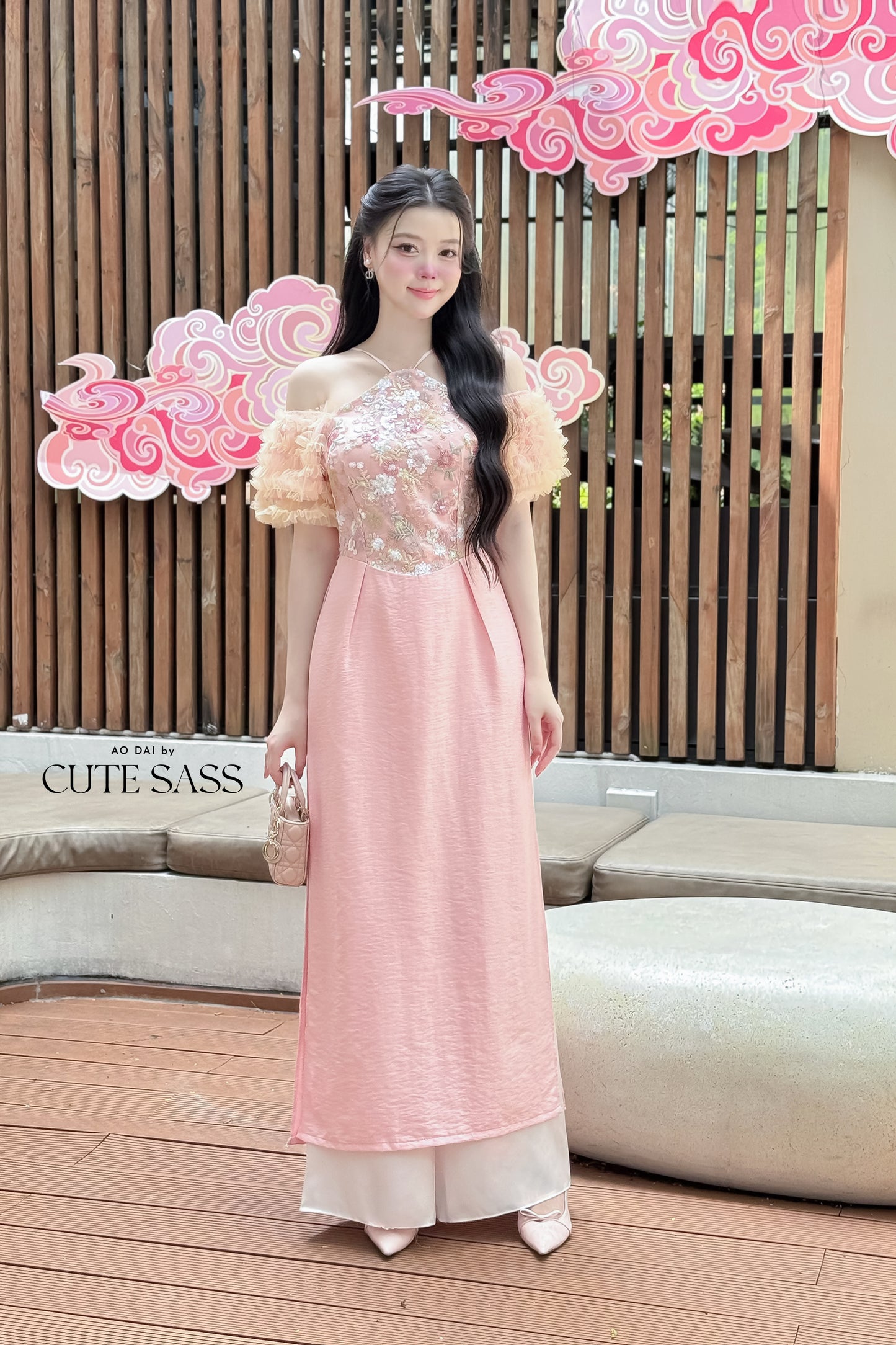 Nhu Mai - Pink Halter Off Shoulder Ruffle Dai Top Only, NO PANTS 33B