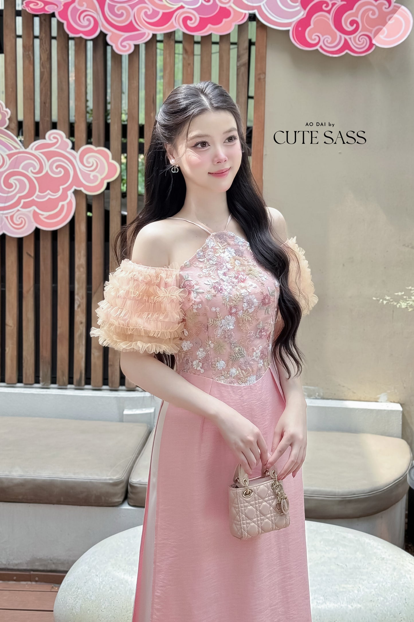 Nhu Mai - Pink Halter Off Shoulder Ruffle Dai Top Only, NO PANTS 33B