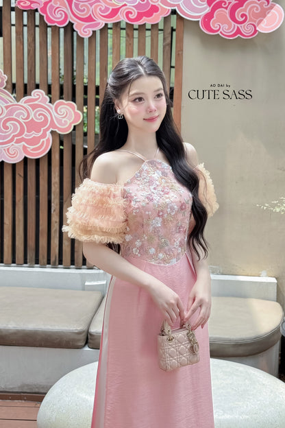 Nhu Mai - Pink Halter Off Shoulder Ruffle Dai Top Only, NO PANTS 33B