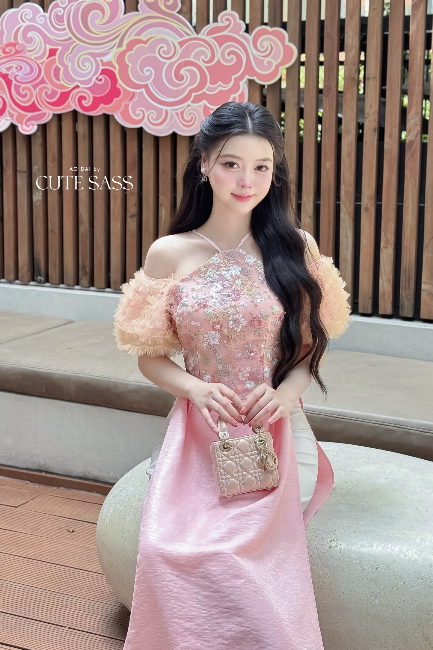 Nhu Mai - Pink Halter Off Shoulder Ruffle Dai Top Only, NO PANTS 33B