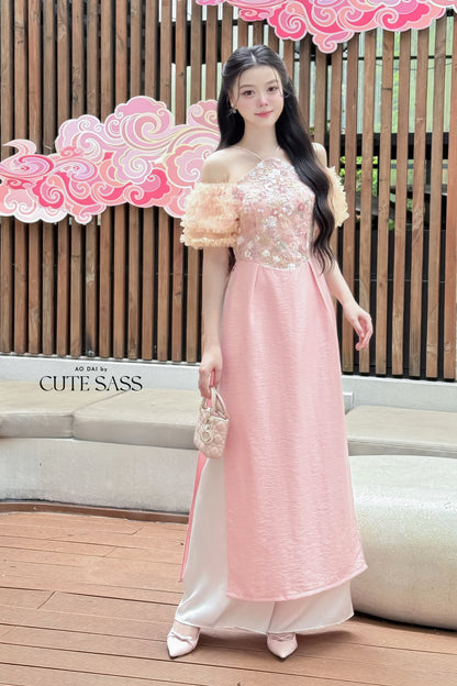 Nhu Mai - Pink Halter Off Shoulder Ruffle Dai Top Only, NO PANTS 33B