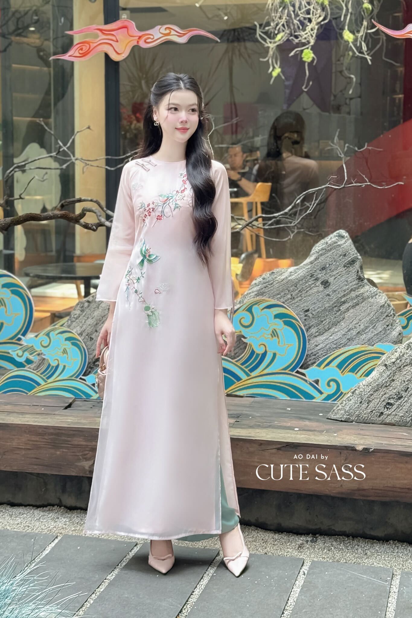 Nhu Mai - Pink Embroidery Branches Round Collar Ao Dai Set