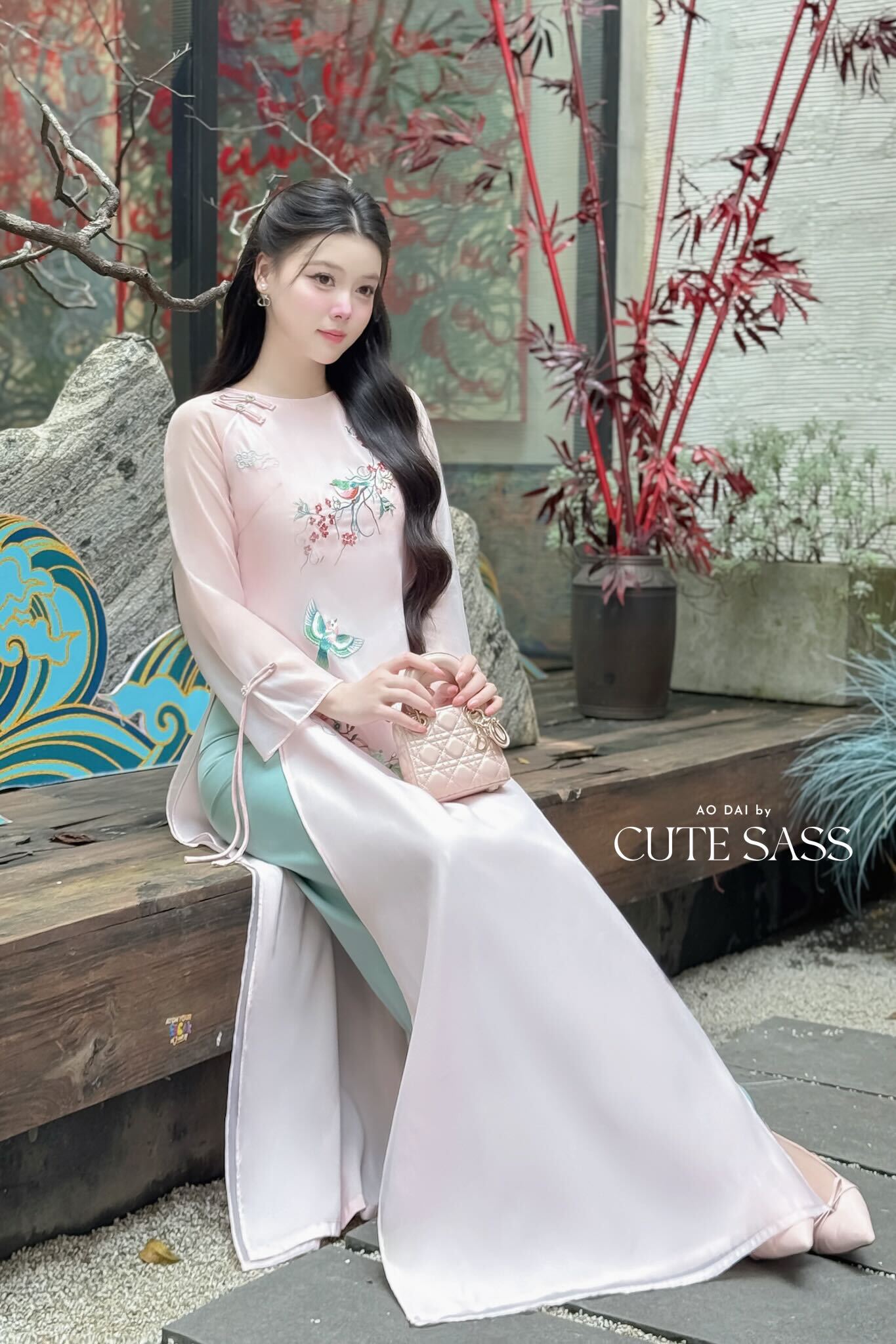 Nhu Mai - Pink Embroidery Branches Round Collar Ao Dai Set