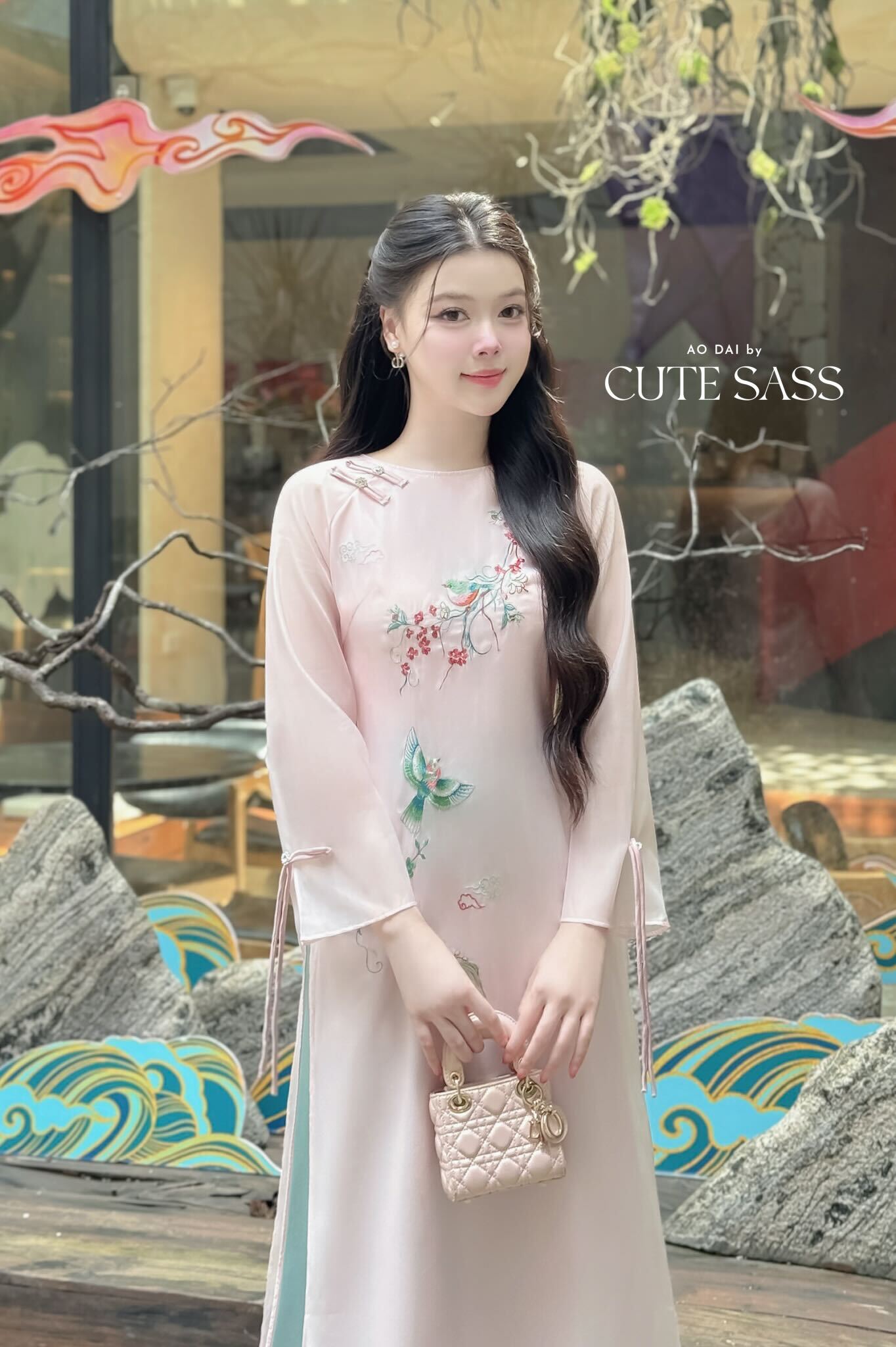 Nhu Mai - Pink Embroidery Branches Round Collar Ao Dai Set