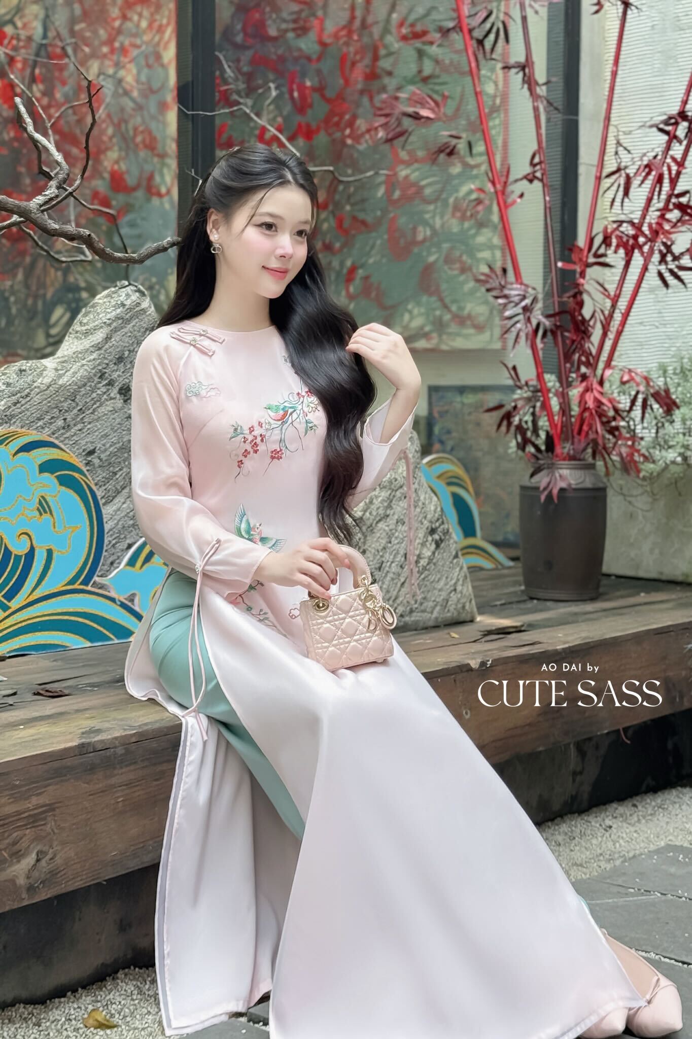 Nhu Mai - Pink Embroidery Branches Round Collar Ao Dai Set