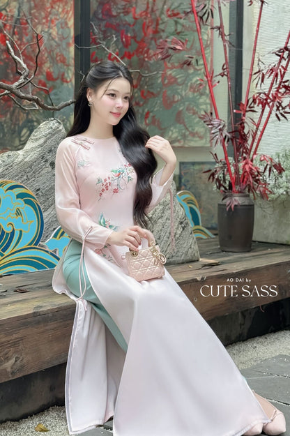 Nhu Mai - Pink Embroidery Branches Round Collar Ao Dai Set 12A