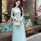 Nhu Mai - Blue Embroidery Branches Round Collar Ao Dai Set, 40C