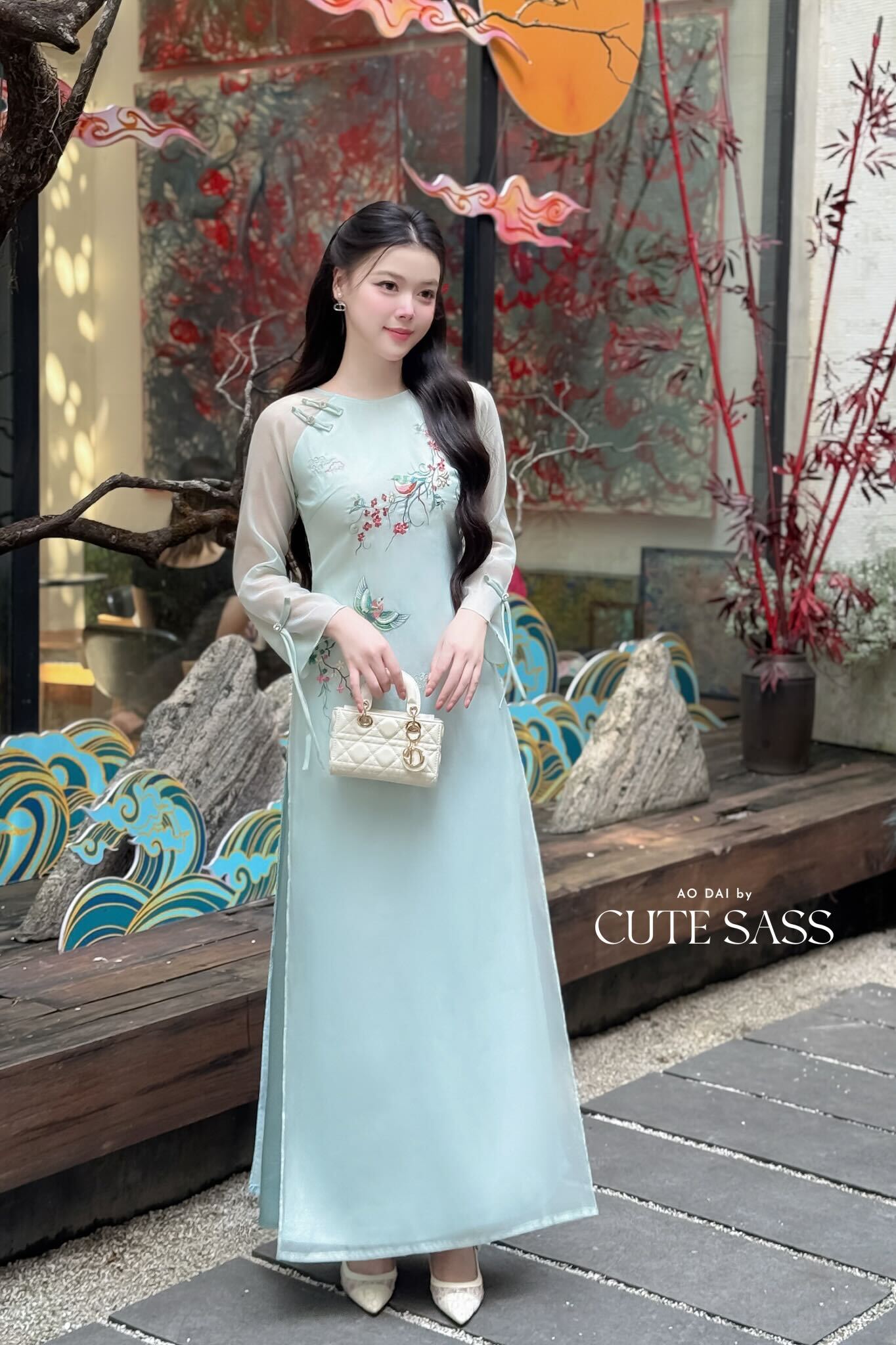Nhu Mai - Blue Embroidery Branches Round Collar Ao Dai Set, 40C
