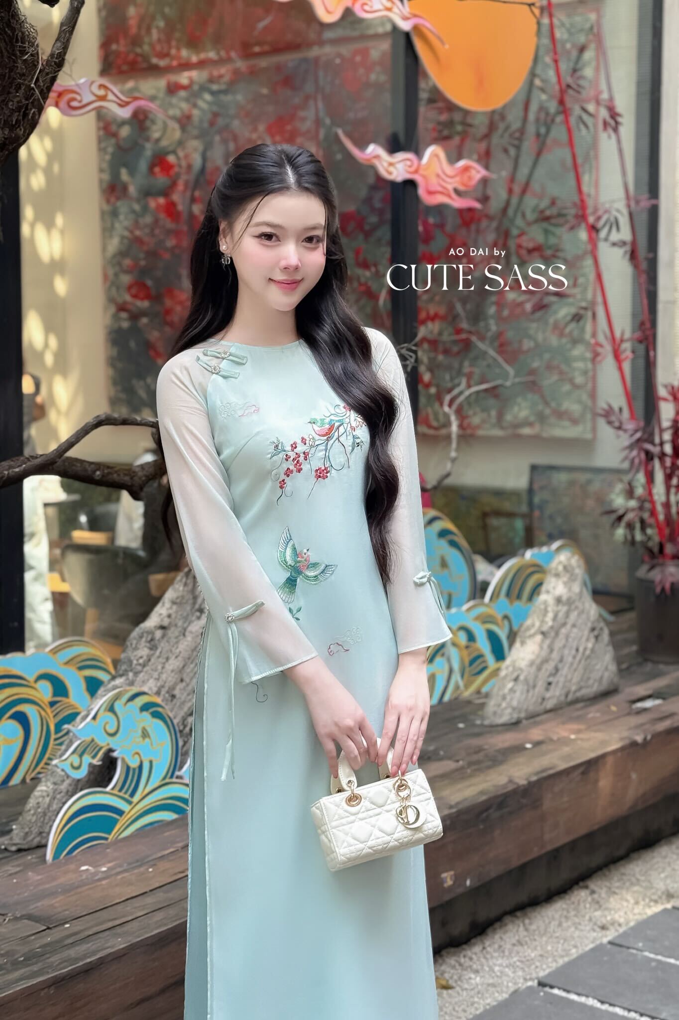 Nhu Mai - Blue Embroidery Branches Round Collar Ao Dai Set, 40C