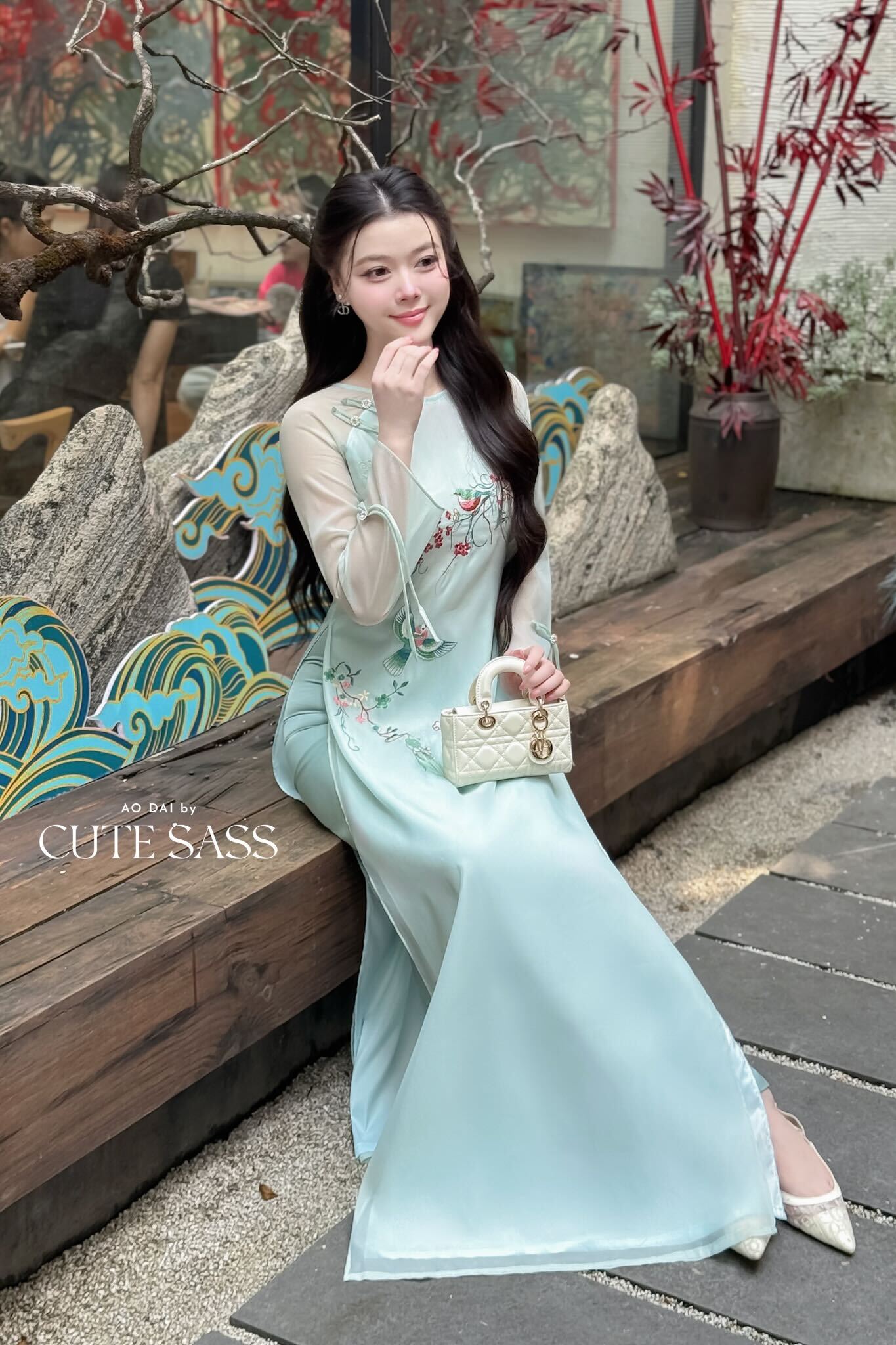 Nhu Mai - Blue Embroidery Branches Round Collar Ao Dai Set, 40C