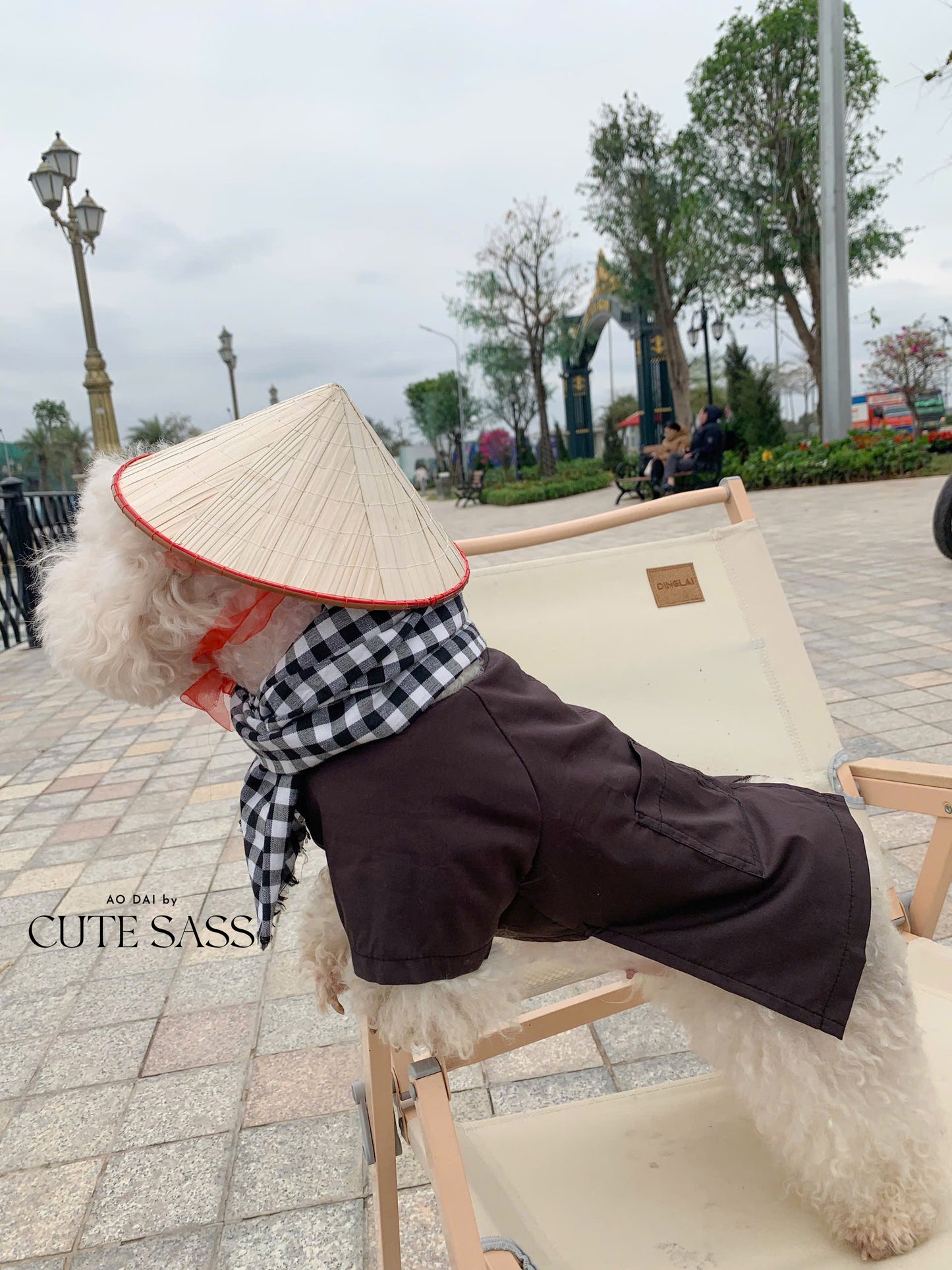 Pet Dark Brown Ba Ba Ao Dai with Checkered Scarf 44C