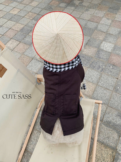 Pet Dark Brown Ba Ba Ao Dai with Checkered Scarf 44C