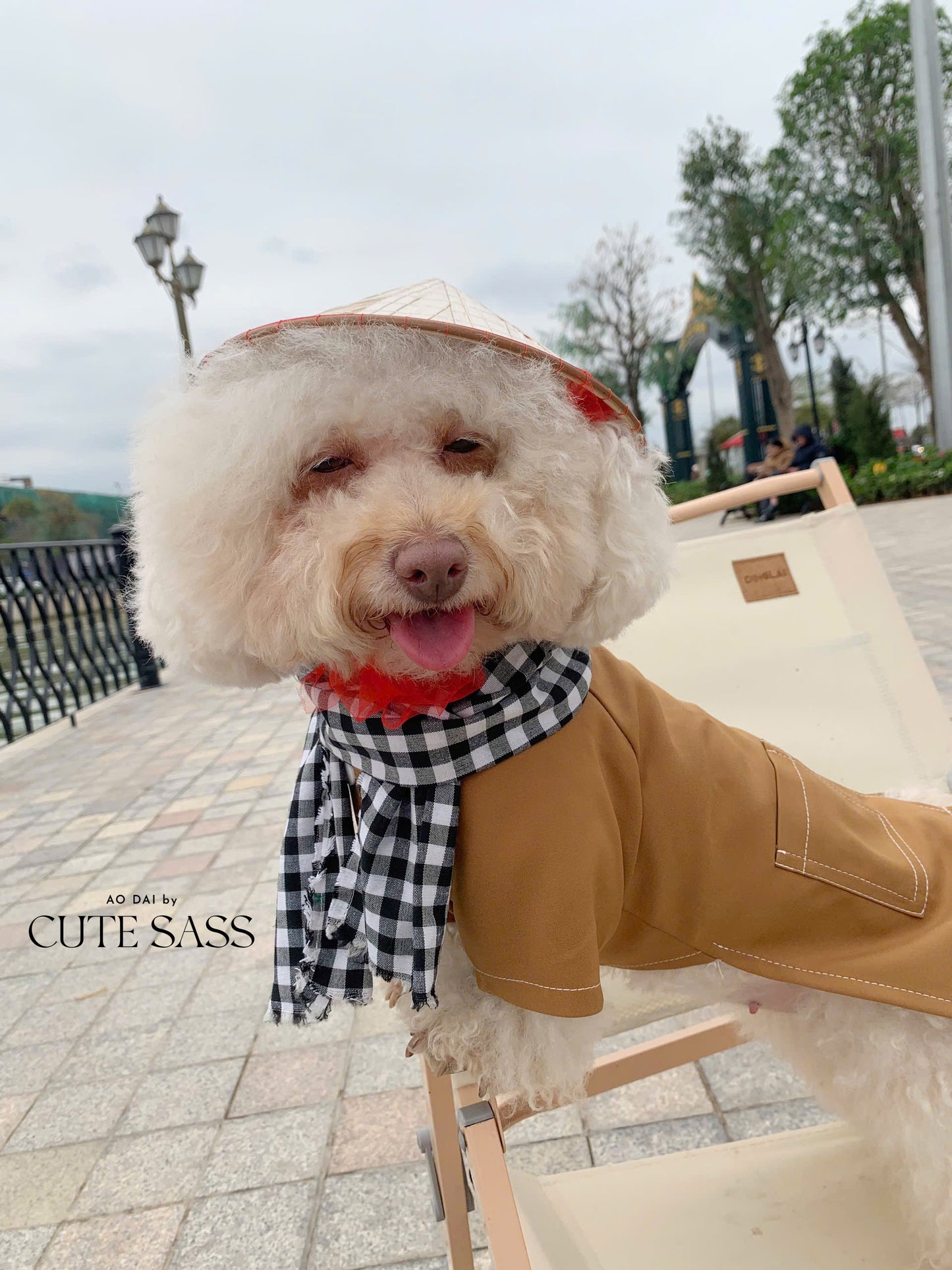 Pet Light Brown Ba Ba Ao Dai with Checkered Scarf 45B