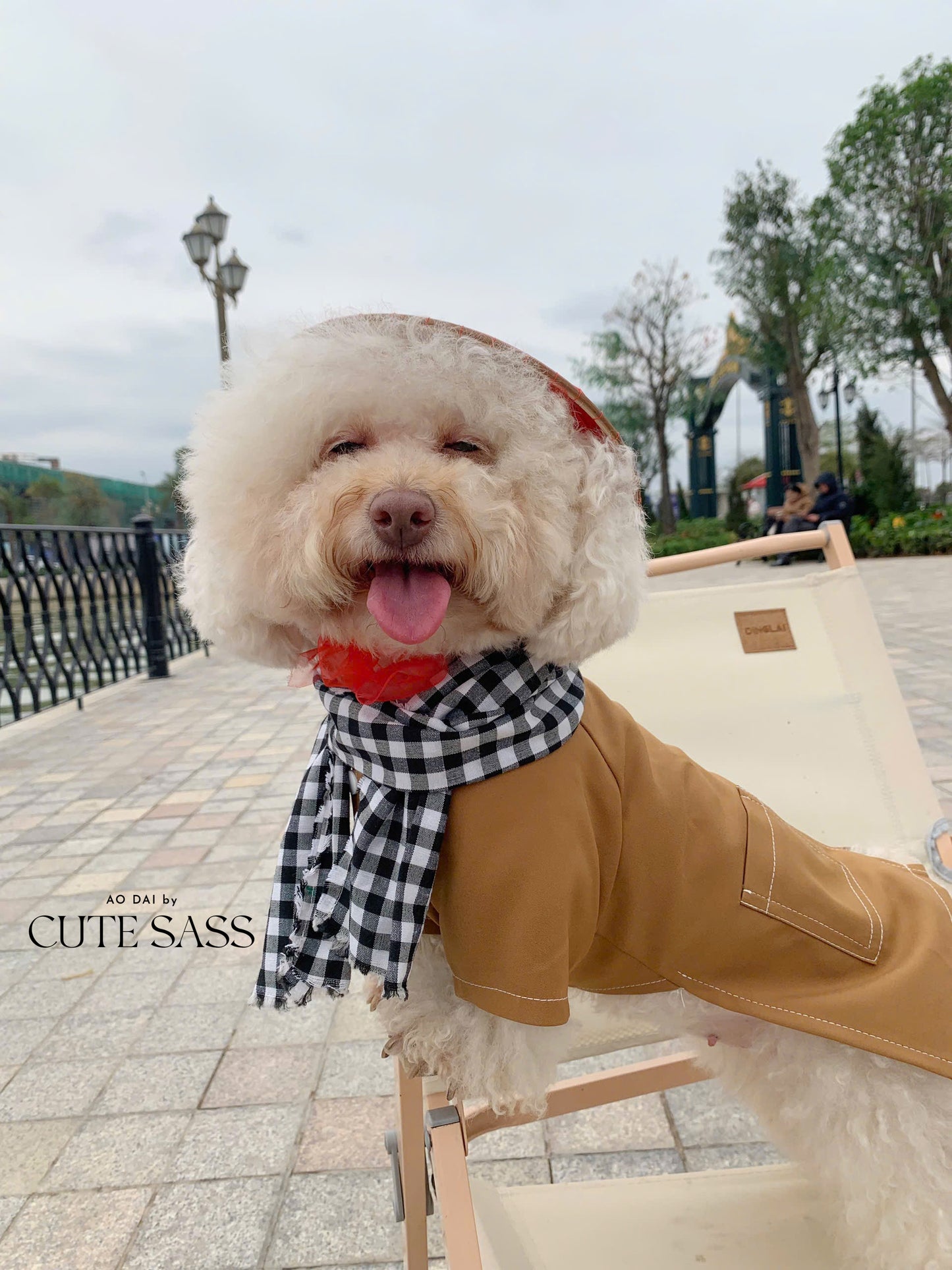 Pet Light Brown Ba Ba Ao Dai with Checkered Scarf 45B