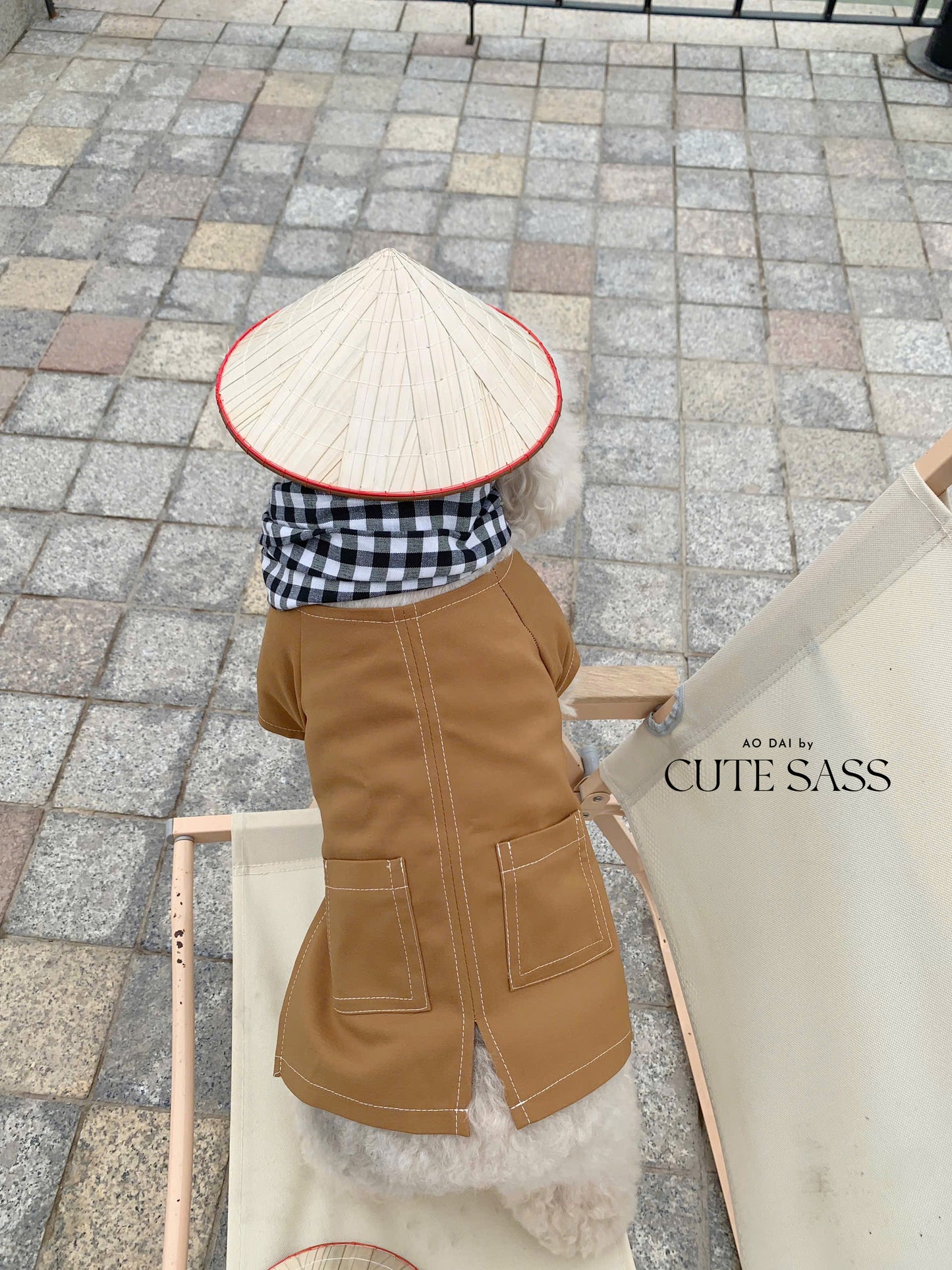 Pet Light Brown Ba Ba Ao Dai with Checkered Scarf 45B