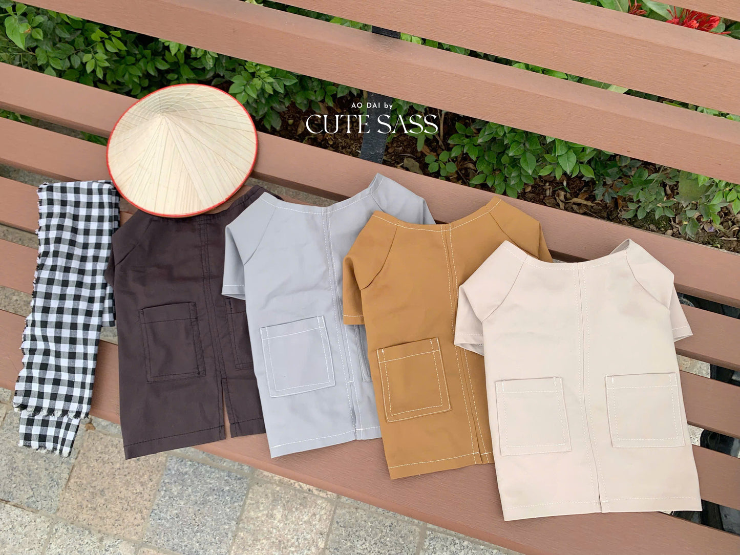 Pet Gray Ba Ba Ao Dai with Checkered Scarf 44B