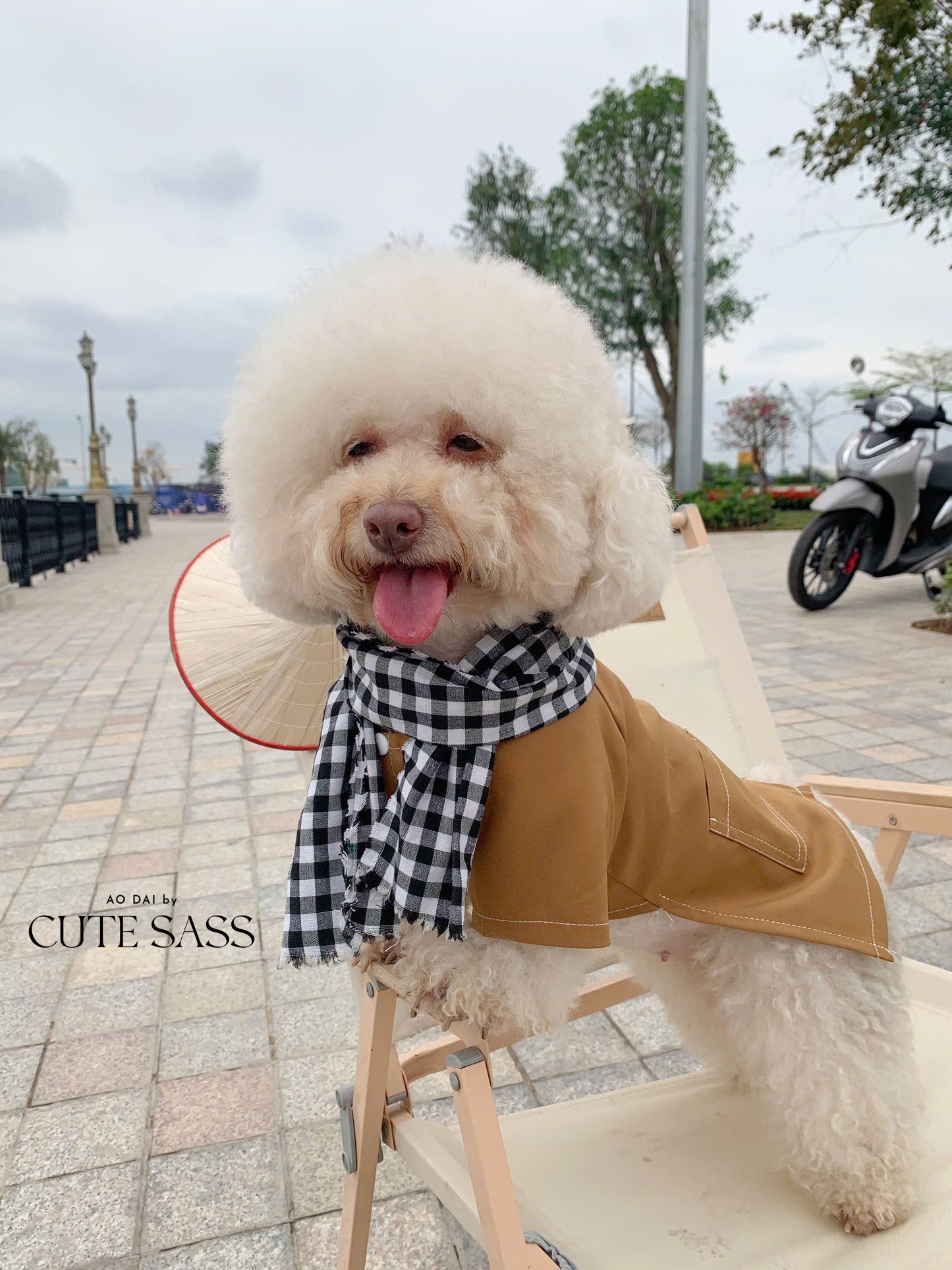 Pet Light Brown Ba Ba Ao Dai with Checkered Scarf 45B